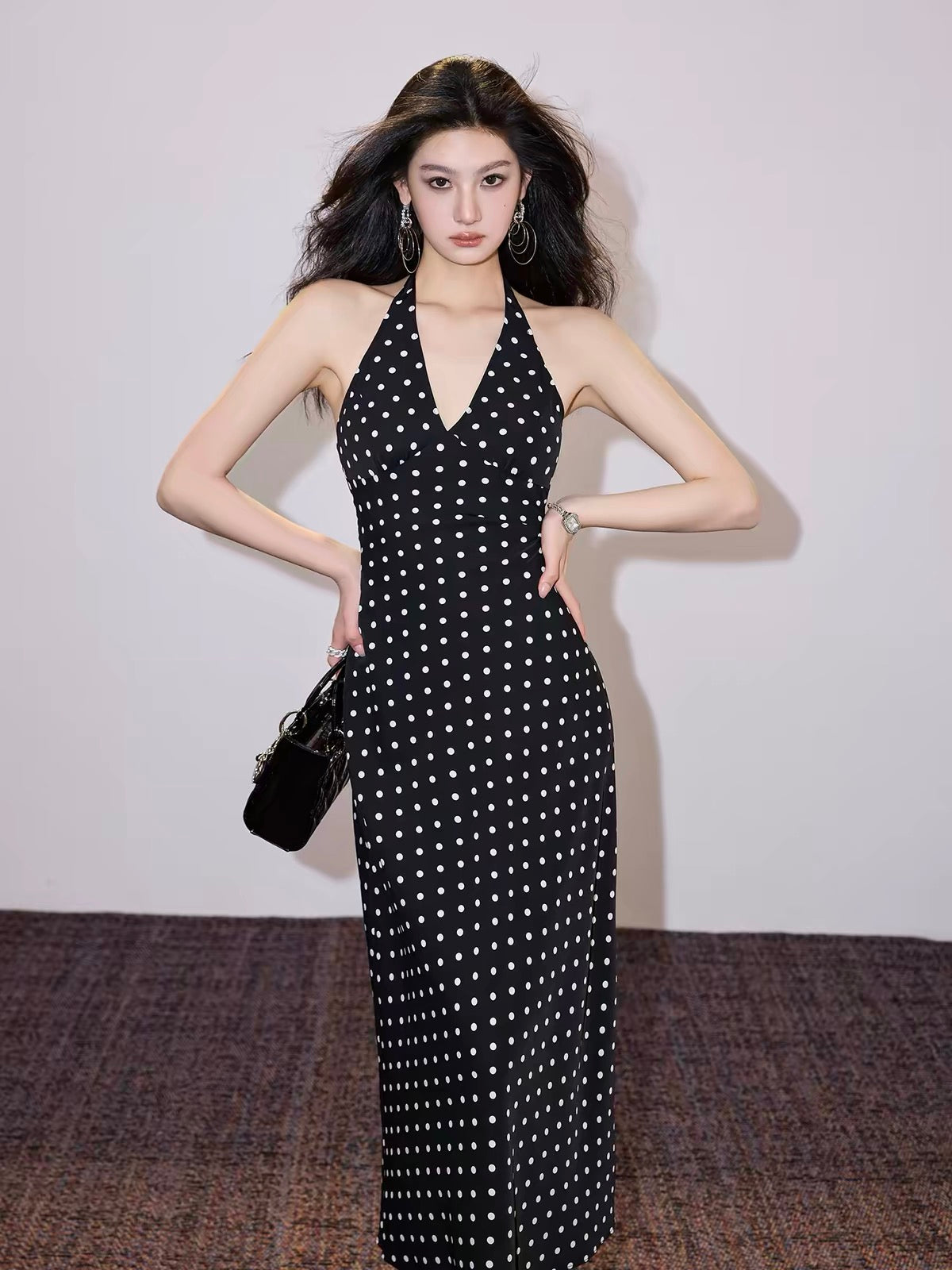 Premium Custom Design: Women's Polka-Dot V-Neck Sleeveless Halter Dress – A Sophisticated, Slim-Fit, Body-Conscious Maxi Dress.