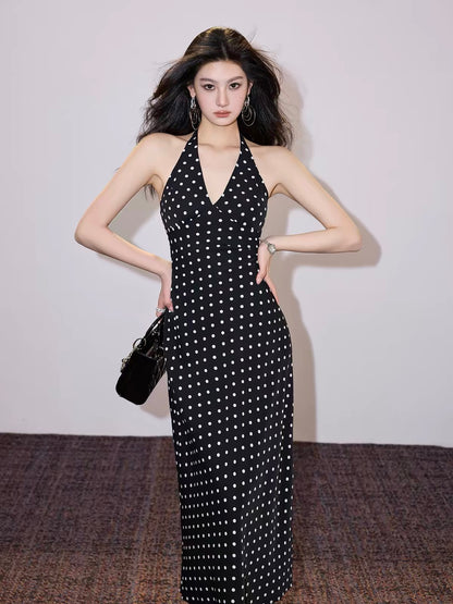 Premium Custom Design: Women's Polka-Dot V-Neck Sleeveless Halter Dress – A Sophisticated, Slim-Fit, Body-Conscious Maxi Dress.