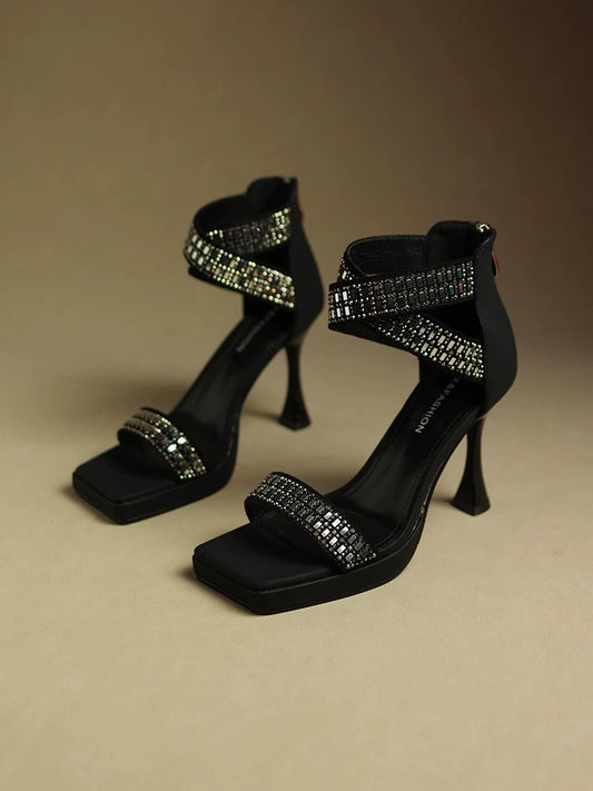 One-strap designer sandals for women 2023 summer new style square toe niche pink high heels and stiletto heels for ladies