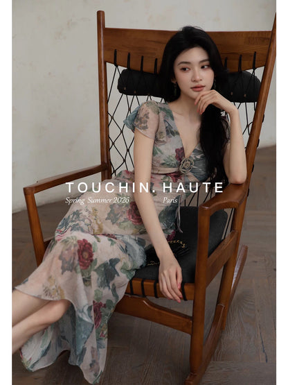 TOUCHIN HAUTE Elena Jue's Oil Painting-Style V-Neck Printed Biscuit Dress for Women