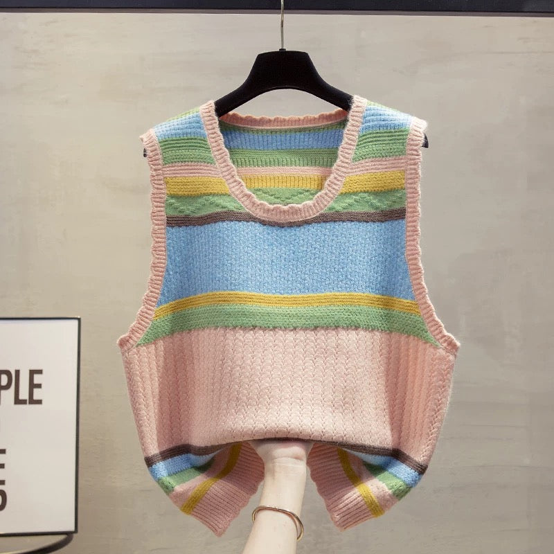 Striped round neck knitted vest vest women 2025 autumn and winter new loose outer wear vest hollow sweater waistcoat trend