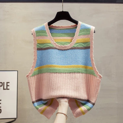 Striped round neck knitted vest vest women 2025 autumn and winter new loose outer wear vest hollow sweater waistcoat trend