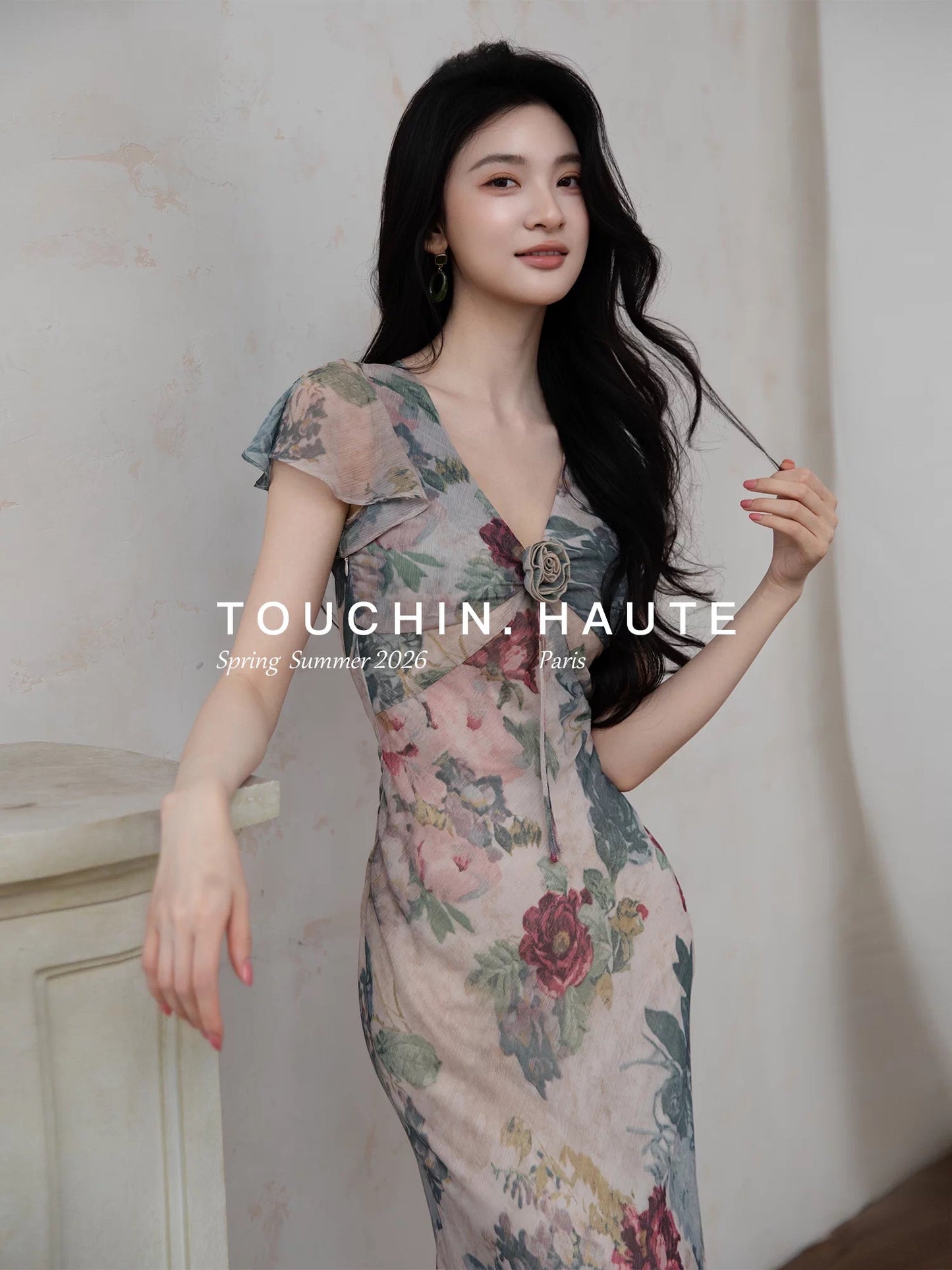 TOUCHIN HAUTE Elena Jue's Oil Painting-Style V-Neck Printed Biscuit Dress for Women
