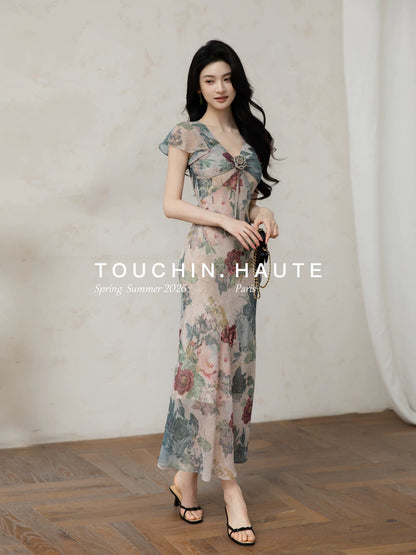 TOUCHIN HAUTE Elena Jue's Oil Painting-Style V-Neck Printed Biscuit Dress for Women