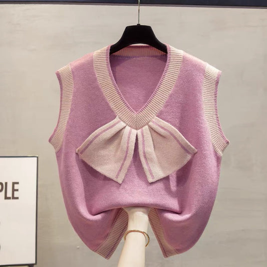 V-neck knitted vest vest women 2025 autumn and winter new loose outer wear vest layered with bow sweater waistcoat