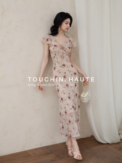 TOUCHIN HAUTE Elena Oil Painting-Style V-Neck Floral Print Elegant Long Dress for Women
