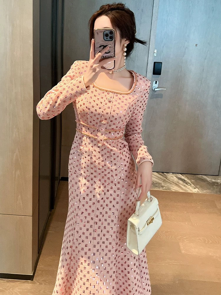 European station pink dress, early autumn women's clothing, dignified and elegant, small fragrant square collar, elegant high-end fishtail skirt for ladies