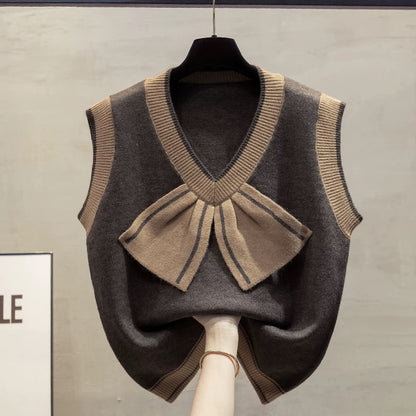 V-neck knitted vest vest women 2025 autumn and winter new loose outer wear vest layered with bow sweater waistcoat