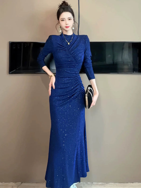 European station blue fishtail sequin dress autumn and winter women's 2024 new dress high-end light luxury niche hip skirt