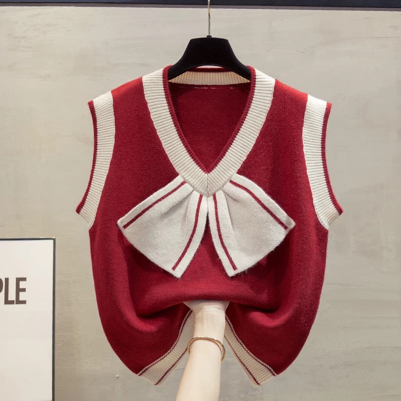 V-neck knitted vest vest women 2025 autumn and winter new loose outer wear vest layered with bow sweater waistcoat