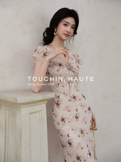 TOUCHIN HAUTE Elena Oil Painting-Style V-Neck Floral Print Elegant Long Dress for Women