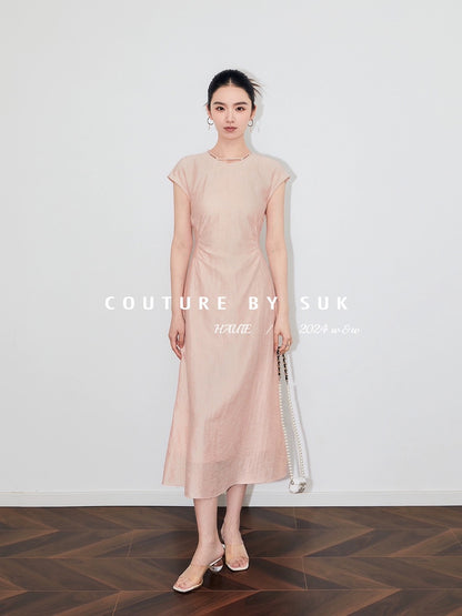 SUK Huizhilanxin! 2024 new national style new Chinese style summer pink long skirt with buckle waist dress for women