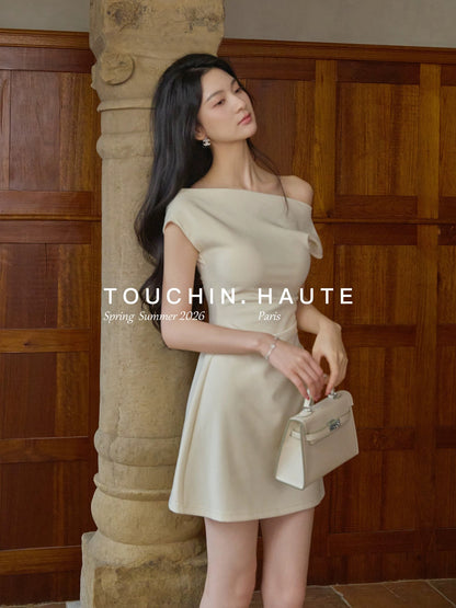 TOUCHIN HAUTE Mature Beauty French Chic Off-Shoulder Slim Fit Bodycon Dress Long Skirt