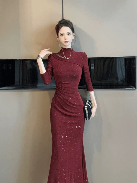 European station banquet dress women's autumn and winter sequined high-end evening dress slim and elegant hip-hugging fishtail long skirt