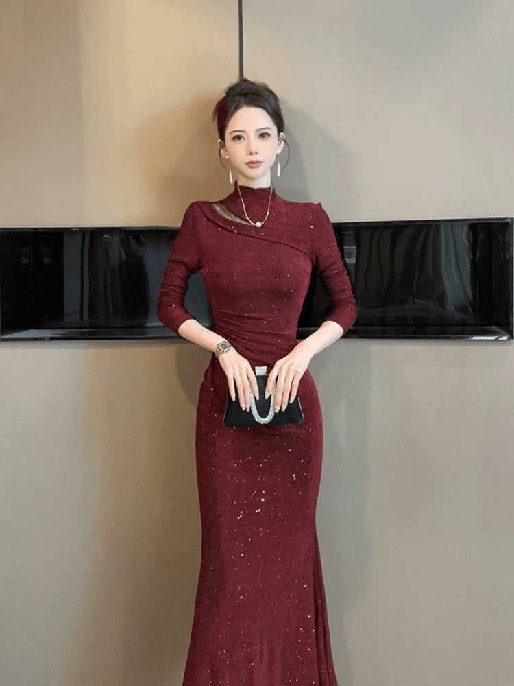 European station banquet dress women's autumn and winter sequined high-end evening dress slim and elegant hip-hugging fishtail long skirt