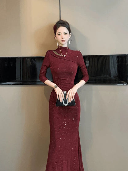 European station banquet dress women's autumn and winter sequined high-end evening dress slim and elegant hip-hugging fishtail long skirt