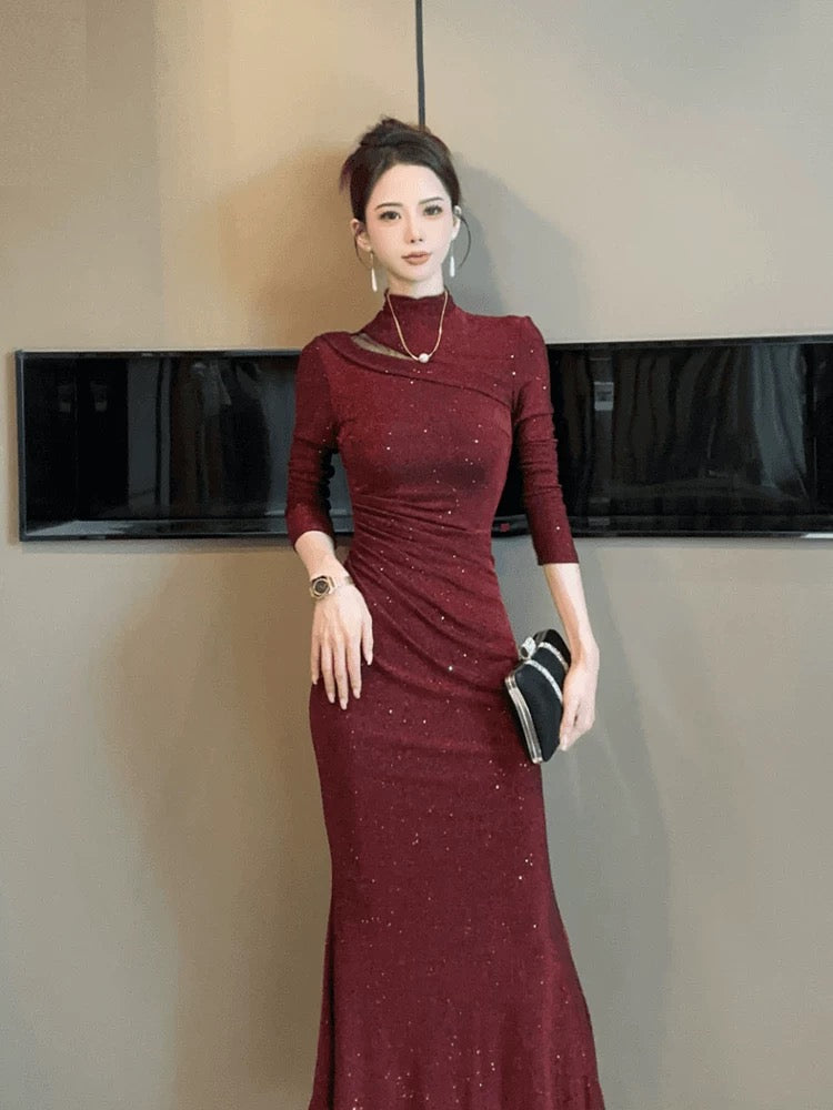 European station banquet dress women's autumn and winter sequined high-end evening dress slim and elegant hip-hugging fishtail long skirt