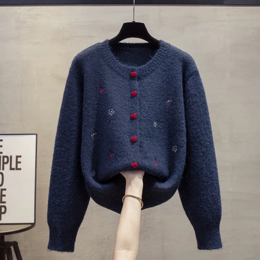 Embroidered round neck sweater jacket women 2025 spring and autumn new loose lazy style outer wear knitted sweater thickened top trend