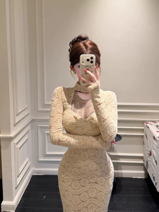 SYJ/Shuyijia French-style high-end jacquard hollowed-out evening dress, sexy, waist-cinching, slimming, hip-hugging long skirt for autumn and winter.