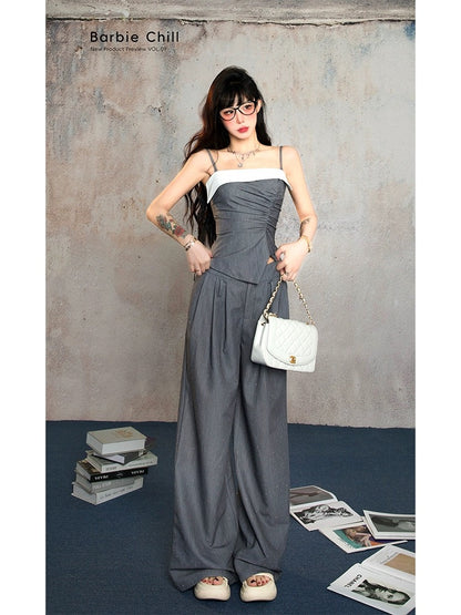 Auntie Barbie's hot girl has a set of lazy-style outfits for women. Summer designer suspender tops and casual wide-leg pants two-piece set