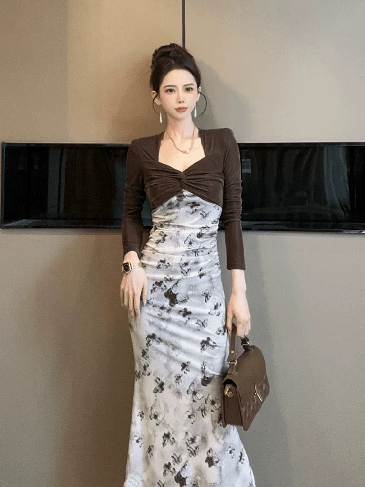 European station slimming dress, autumn and winter women's long-sleeved bottoming, hip-covering, fishtail, sexy and charming skirt