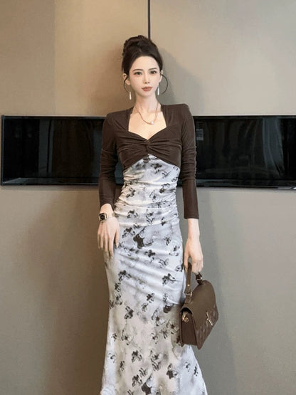 European station slimming dress, autumn and winter women's long-sleeved bottoming, hip-covering, fishtail, sexy and charming skirt