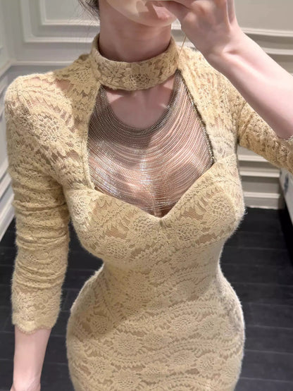 SYJ/Shuyijia French-style high-end jacquard hollowed-out evening dress, sexy, waist-cinching, slimming, hip-hugging long skirt for autumn and winter.