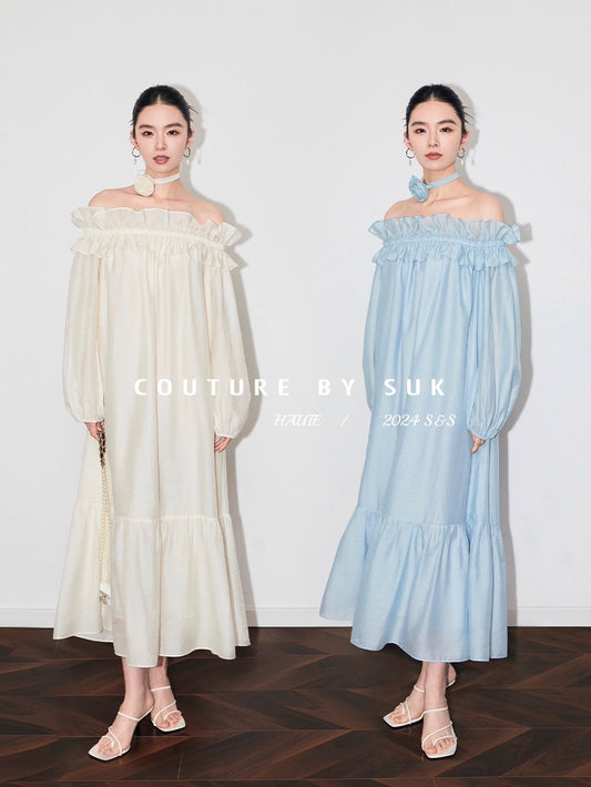 SUK is elegant and light! Resort style Tencel ruffled one-shoulder dress/rose strap