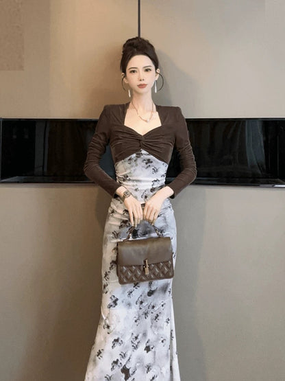 European station slimming dress, autumn and winter women's long-sleeved bottoming, hip-covering, fishtail, sexy and charming skirt