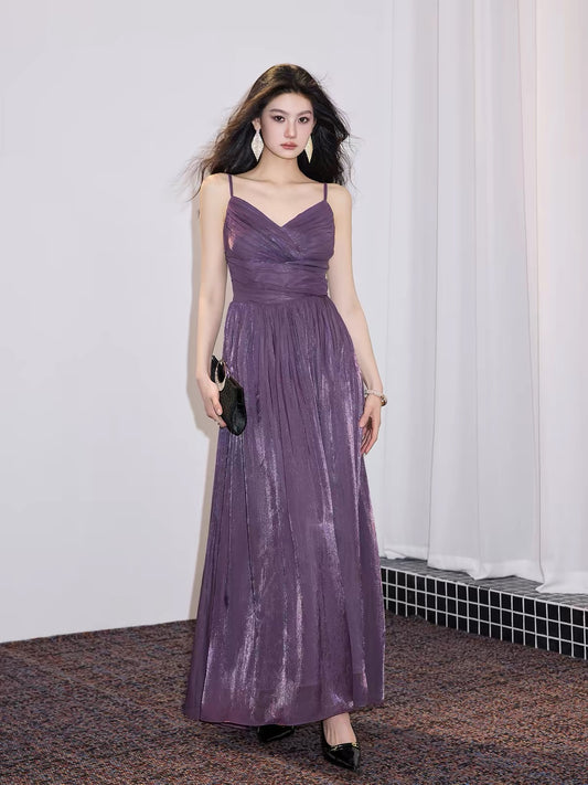 Deeply Customized: Women's Summer Purple Sheer-Style Camisole Maxi Dress – V-Neck, Pleated Waist-Cinching Design, Slimming Fit, Ethereal Style.