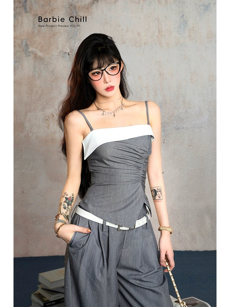 Auntie Barbie's hot girl has a set of lazy-style outfits for women. Summer designer suspender tops and casual wide-leg pants two-piece set