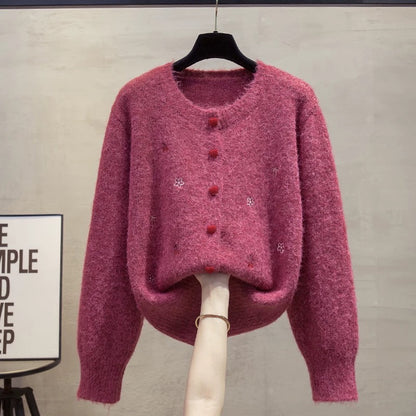 Embroidered round neck sweater jacket women 2025 spring and autumn new loose lazy style outer wear knitted sweater thickened top trend