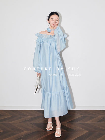 SUK is elegant and light! Resort style Tencel ruffled one-shoulder dress/rose strap