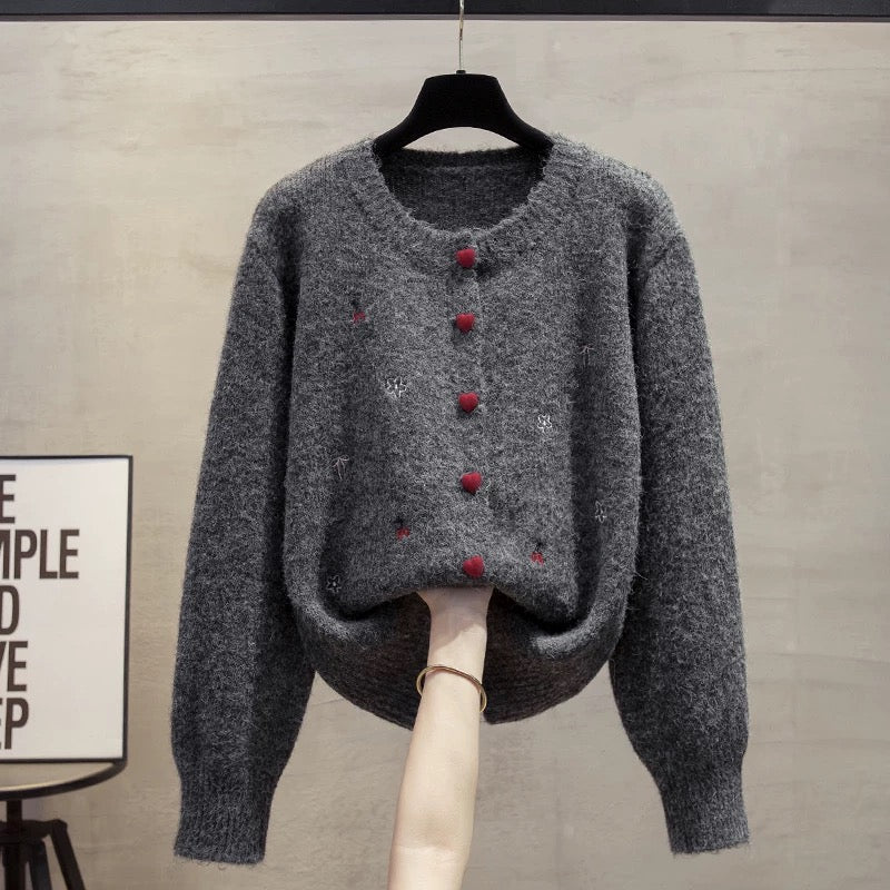 Embroidered round neck sweater jacket women 2025 spring and autumn new loose lazy style outer wear knitted sweater thickened top trend