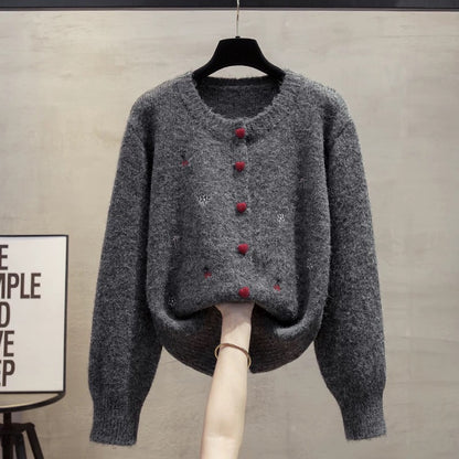 Embroidered round neck sweater jacket women 2025 spring and autumn new loose lazy style outer wear knitted sweater thickened top trend