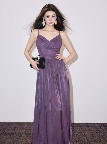 Deeply Customized: Women's Summer Purple Sheer-Style Camisole Maxi Dress – V-Neck, Pleated Waist-Cinching Design, Slimming Fit, Ethereal Style.