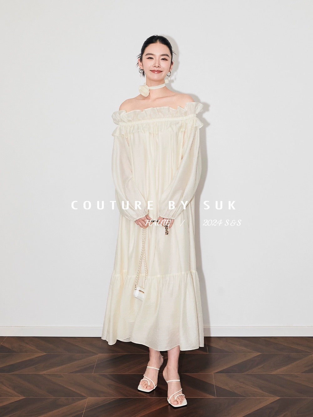 SUK is elegant and light! Resort style Tencel ruffled one-shoulder dress/rose strap