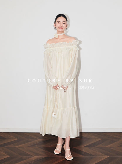 SUK is elegant and light! Resort style Tencel ruffled one-shoulder dress/rose strap
