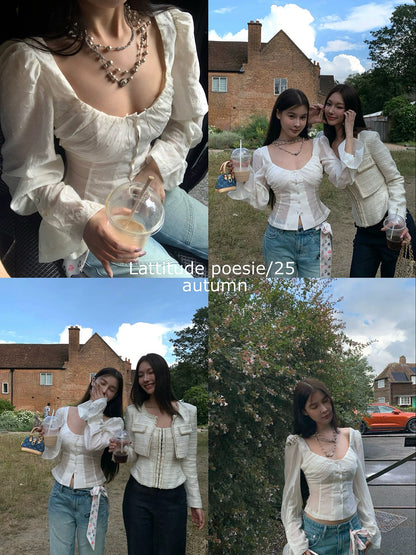 Lattitude/Yang Xiaolu - Autumn-inspired, subtly sheer, slimming multi-panel design with flared sleeves for a flattering silhouette.