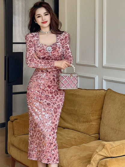 European station pink dress autumn and winter women's sequin square collar dress high-end light luxury niche slim temperament long dress