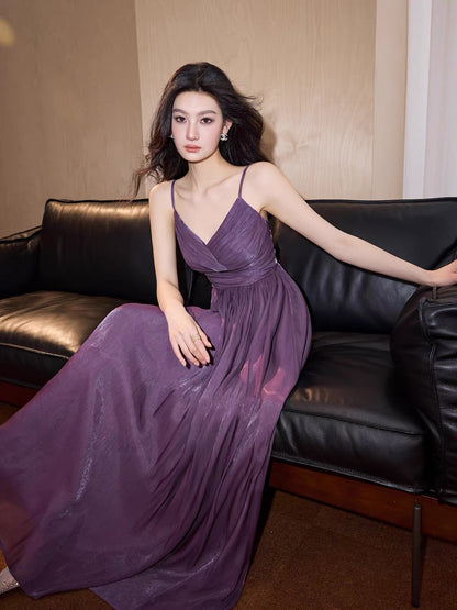 Deeply Customized: Women's Summer Purple Sheer-Style Camisole Maxi Dress – V-Neck, Pleated Waist-Cinching Design, Slimming Fit, Ethereal Style.