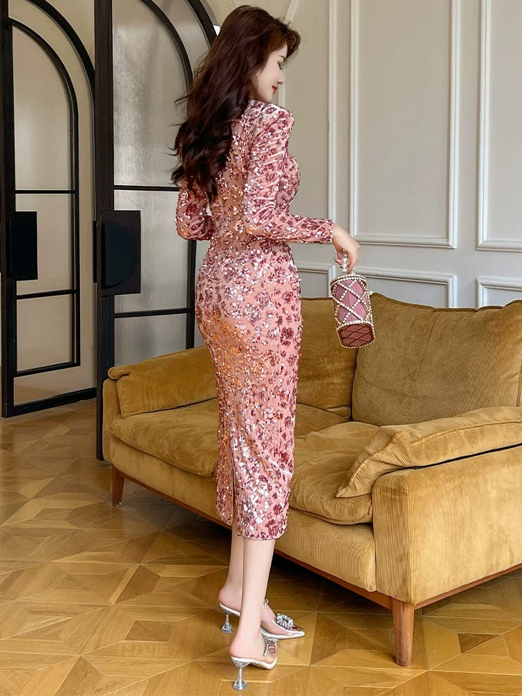 European station pink dress autumn and winter women's sequin square collar dress high-end light luxury niche slim temperament long dress