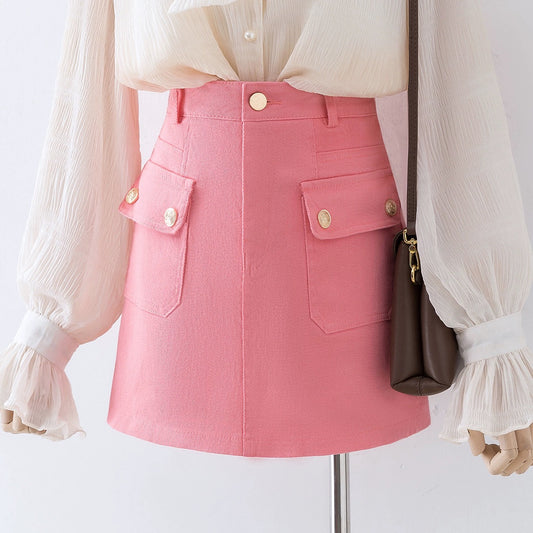 Pink culottes 2023 new high-waisted small A-line skirt women's spring and summer commuting hip-hugging skirt