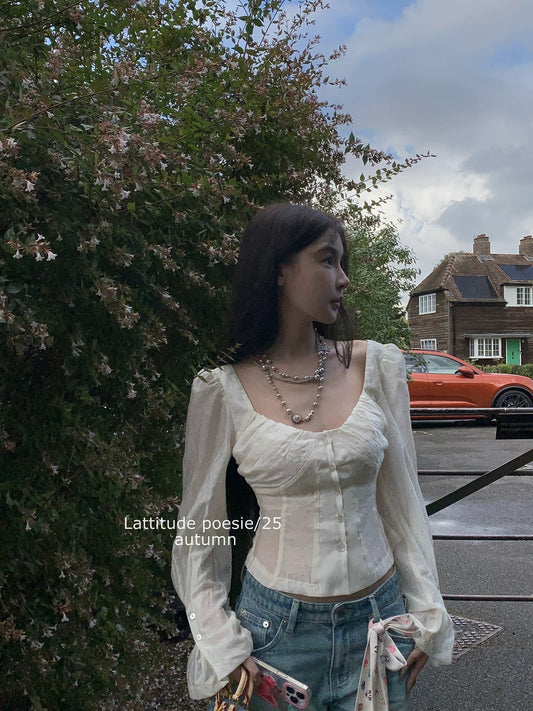 Lattitude/Yang Xiaolu - Autumn-inspired, subtly sheer, slimming multi-panel design with flared sleeves for a flattering silhouette.