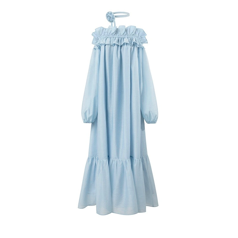 SUK is elegant and light! Resort style Tencel ruffled one-shoulder dress/rose strap