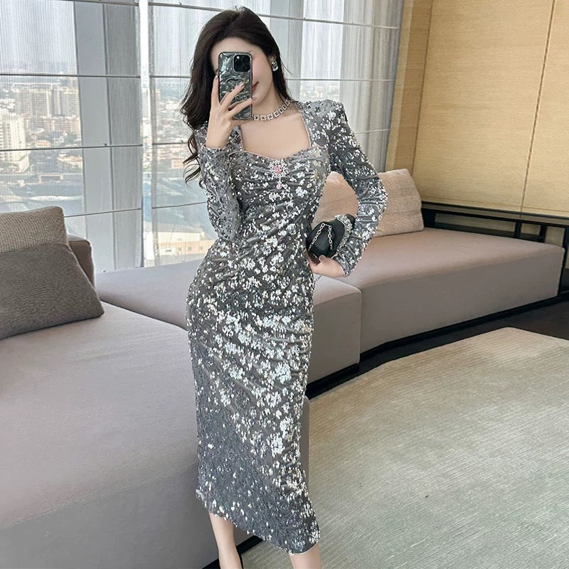 European station pink dress autumn and winter women's sequin square collar dress high-end light luxury niche slim temperament long dress
