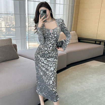 European station pink dress autumn and winter women's sequin square collar dress high-end light luxury niche slim temperament long dress