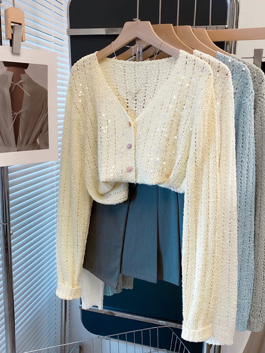 Sequined hollow special yarn v-neck sweater jacket women 2025 autumn new loose outer wear knitted cardigan