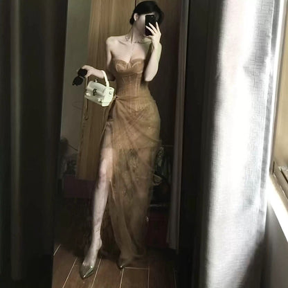 Vietnam's niche light gauze tube top suspender dress, high-end dress, salt style, light and mature style mesh skirt, seaside D6655