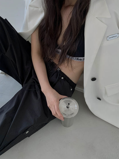 PAPERLLL Xinjian 2024 new high street drawstring loose design trousers straight white overalls for women